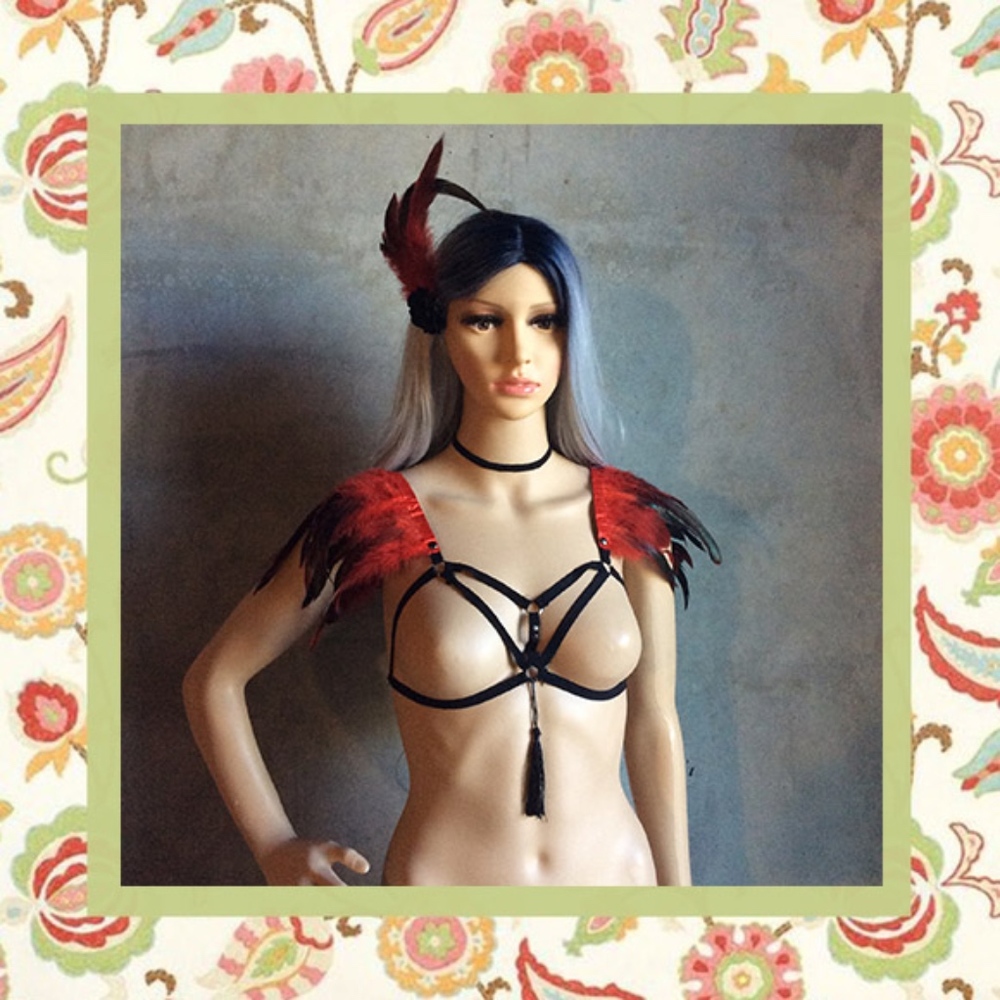 🍒3PC: RED FEATHER BRA NECKLACE CLIPIN RAVE DANCER GOGO FESTIVAL HARNESS COVER